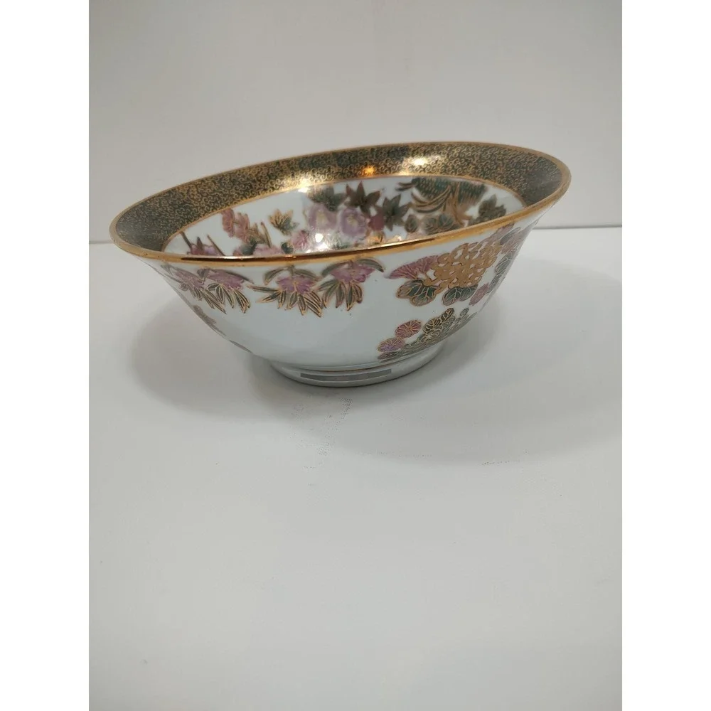 Vintage Oriental Display Bowl Green Gold‎ Mauve Floral 8.5